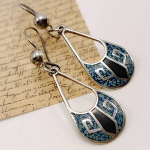 Vintage Stamped TA-60-925 Mexican Silver Enamel Lapis Dangle Pierced Earrings